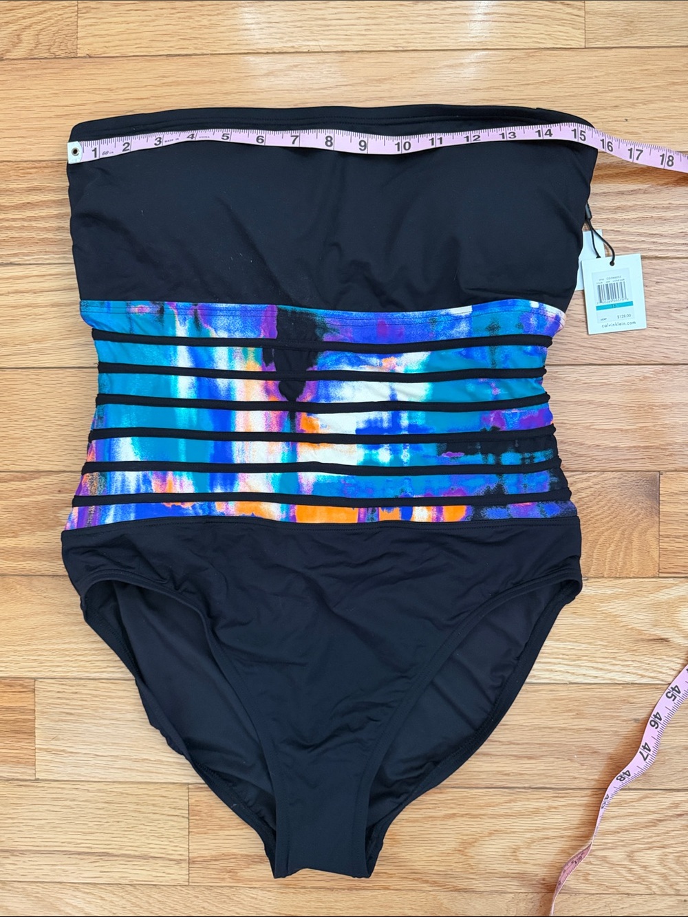 Calvin Klein Black Strapless One-Piece with Multicolor Abstract Waistband